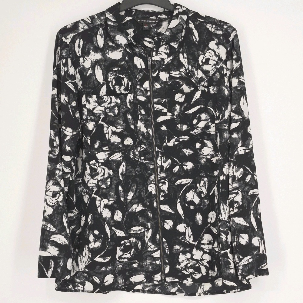 Rock & Republic Floral Zip Front Blouse Black White Long Sleeve Tunic Sz L